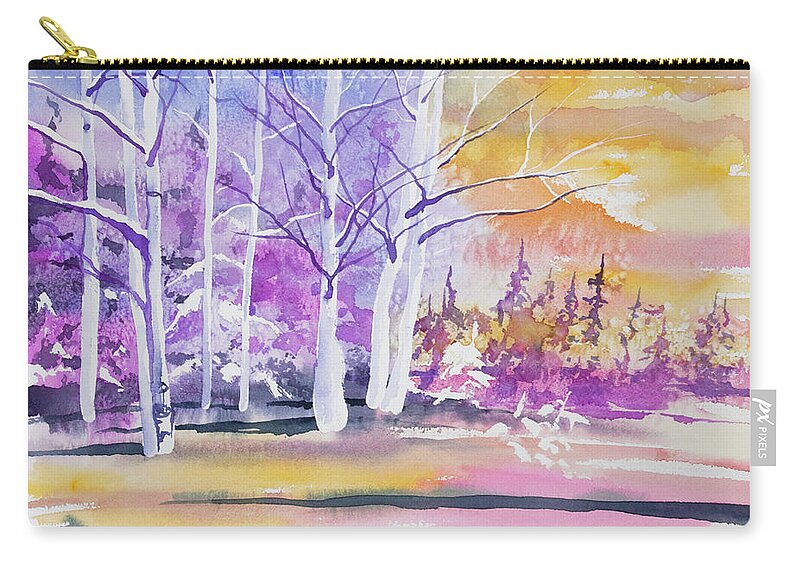 Aspen Zip Pouch featuring the painting Watercolor - Winter Aspen Sunrise by Cascade Colors