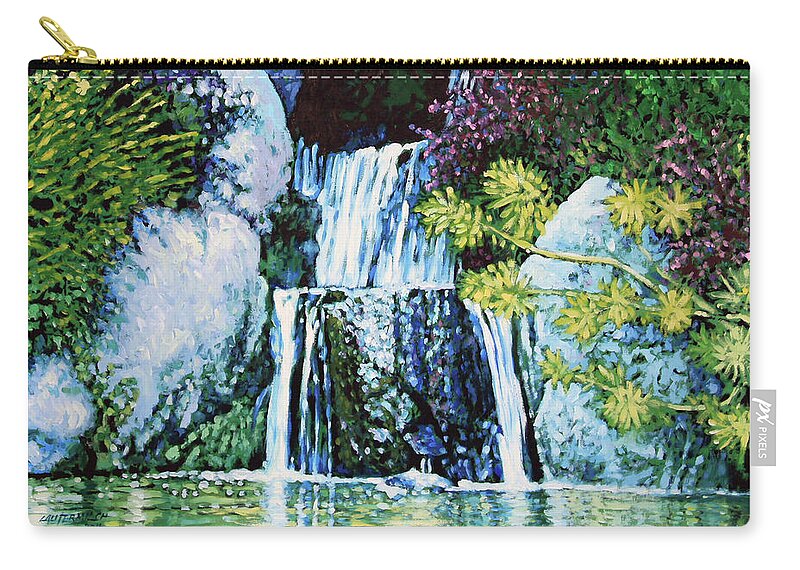 Waterfall Zip Pouch featuring the painting Waterfall At Japanese Garden by John Lautermilch
