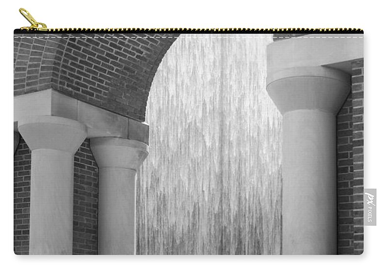 Houstonian Zip Pouch featuring the photograph Waterwall and Arch 3 in Black and White by Angela Rath