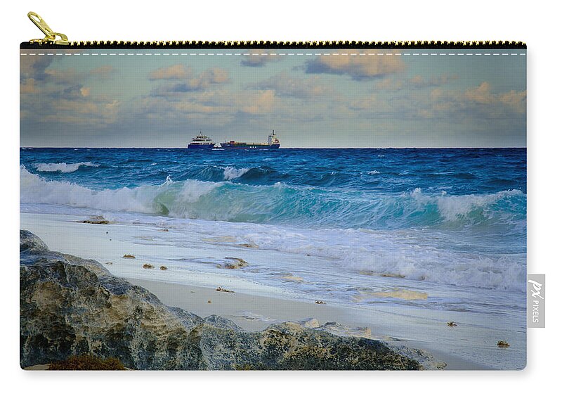 Ocean Zip Pouch featuring the photograph Waves and Tankers by Jeff Phillippi