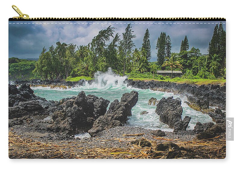 Aloha Zip Pouch featuring the photograph Waves Crashing Kawee Point by Andy Konieczny