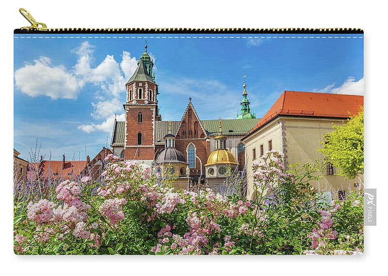 Cracow Zip Pouch featuring the photograph Wawel Cathedral, Cracow, Poland. View from courtyard with flowers. by Michal Bednarek