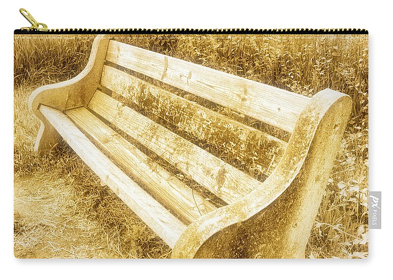 Weather-beaten Zip Pouch featuring the photograph Weatherbeaten Wooden Bench by A Macarthur Gurmankin