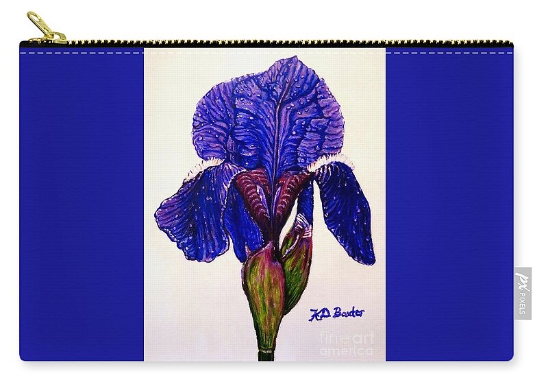 Siberian Iris With Raindrops Deep Purple Blue Or Lapis Blue Magenta Tinged Leaves And Newly Formed Buds On Stem Upright Form Neutral White Off White Background Acrylic Painting Iris Paintings Flower Paintings Stationery And Decor Art Stamp Zip Pouch featuring the painting Weeping Iris by Kimberlee Baxter