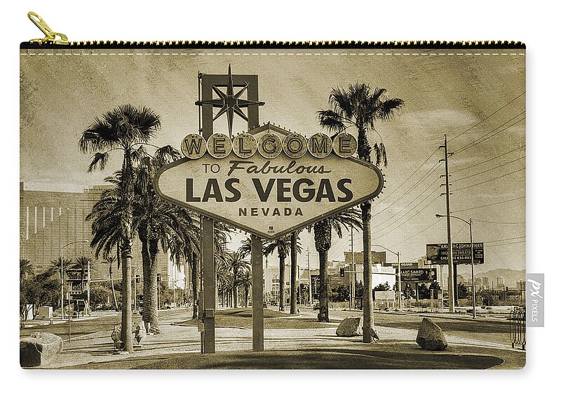 #faatoppicks Zip Pouch featuring the photograph Welcome To Las Vegas Series Sepia Grunge by Ricky Barnard
