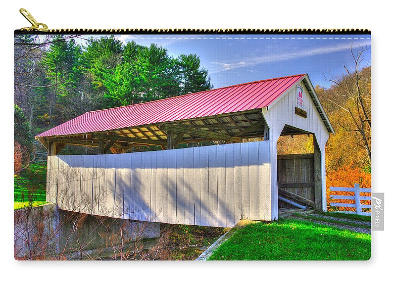 Otte Covered Bridge Zip Pouch featuring the photograph West Virginia Country Roads - Otte Covered Bridge Over Little Grave Creek No. 2 - Marshall County by Michael Mazaika