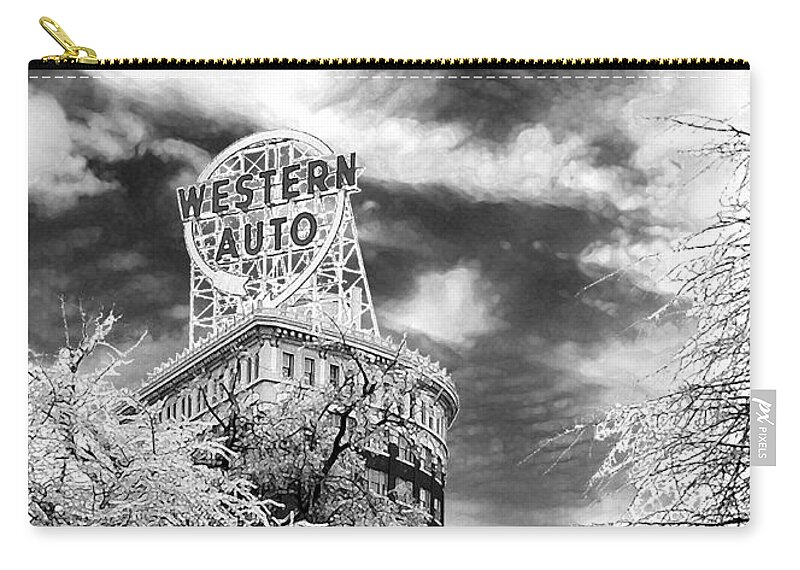 Western Auto Kansas City Carry-all Pouch featuring the photograph Western Auto In Winter by Steve Karol
