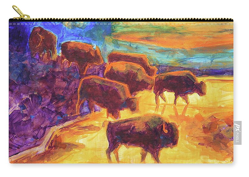 Western Buffalo Art Zip Pouch featuring the painting Western Buffalo Art Bison Creek Sunset Reflections painting T Bertram Poole by Thomas Bertram POOLE