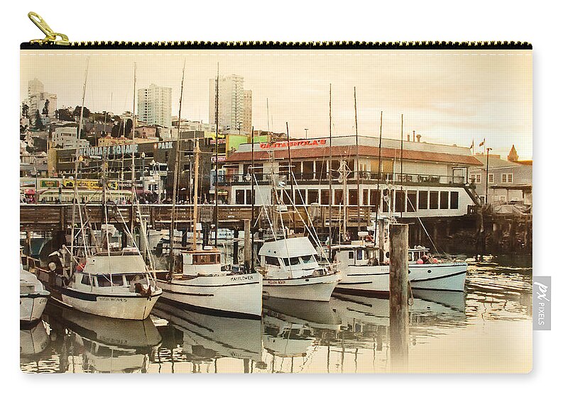 Wharf Boats Near End Of Day Zip Pouch featuring the photograph Wharf Boats Near End of Day by Bonnie Follett
