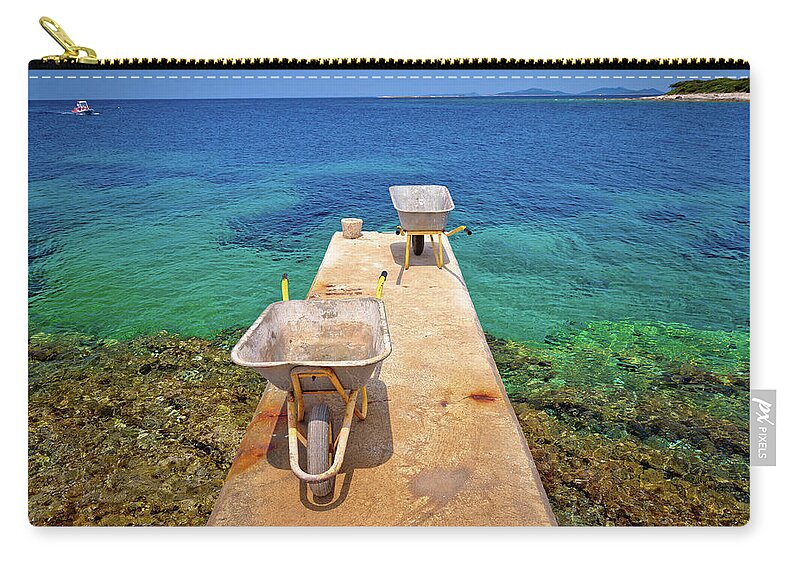 Wheelbarrow Zip Pouch featuring the photograph Wheelbarrow on small island dock waiting for goods delivery by Brch Photography