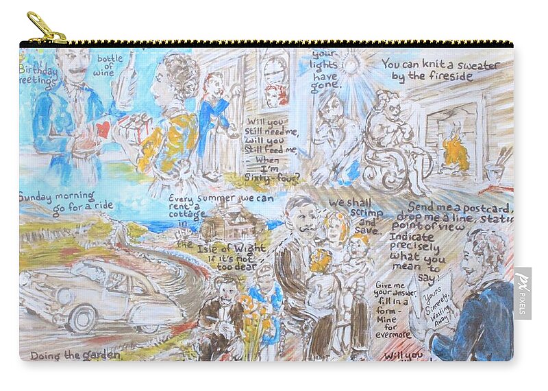 John Lennon Paul Mccartney George Harrison Ringo Starr Sergeant Pepper's Lonely Hearts Club Band The Beatles 1967 Zip Pouch featuring the painting When I'm Sixty-Four by Jonathan Morrill
