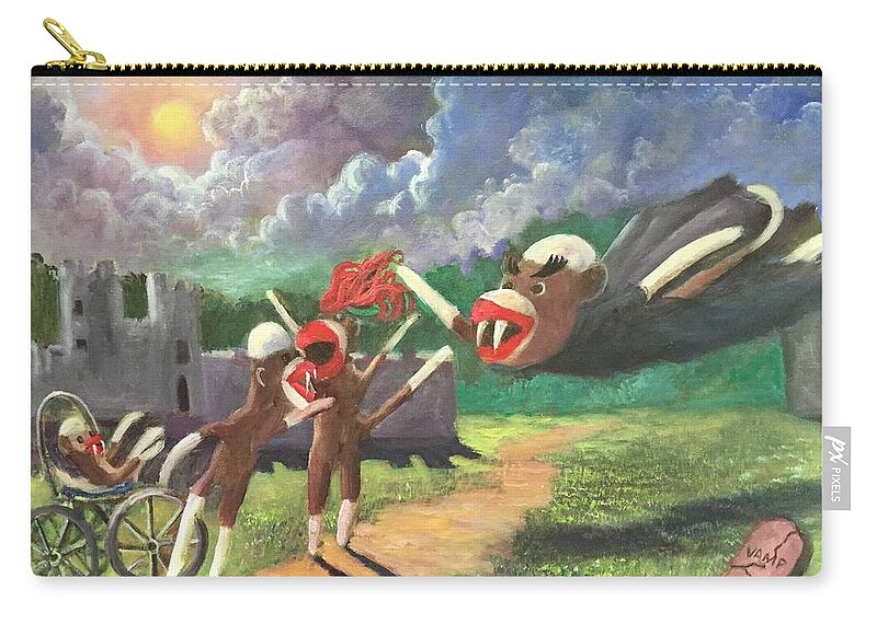 Sock Monkeys Zip Pouch featuring the painting When Sock Monkeys Become Vampires by Rand Burns