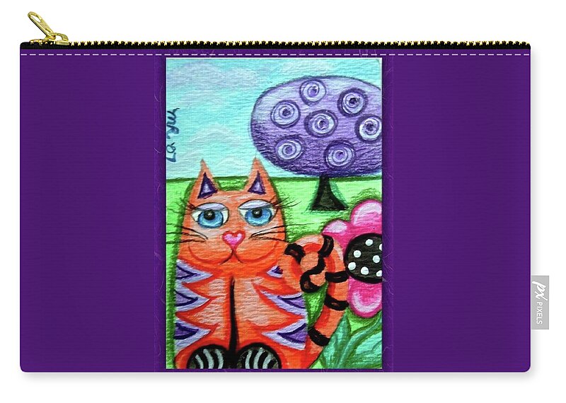 Kitty Zip Pouch featuring the painting Whimsical Orange Striped Kitty Cat by Monica Resinger