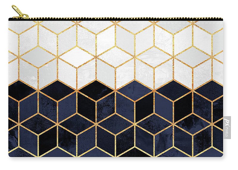 Graphic Zip Pouch featuring the digital art White and navy cubes by Elisabeth Fredriksson