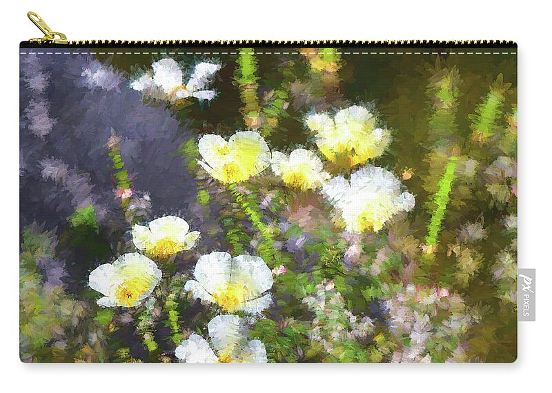 Linda Brody Zip Pouch featuring the digital art White and Yellow Poppies Abstract 2  by Linda Brody
