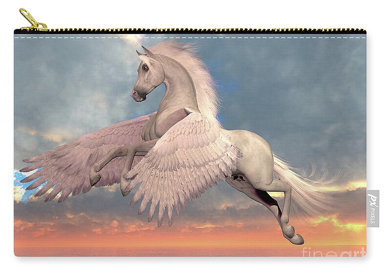 Pegasus Zip Pouch featuring the digital art White Arabian Pegasus Horse by Corey Ford