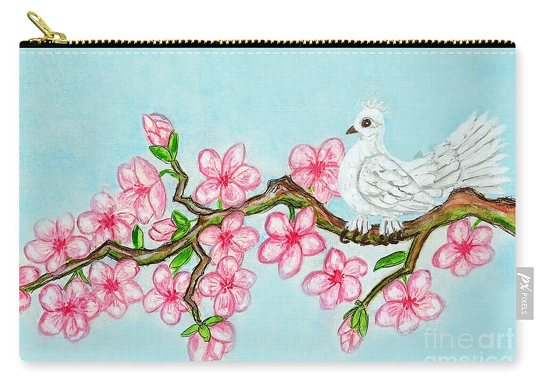 Art Zip Pouch featuring the painting White bird on branch with pink flowers, painting by Irina Afonskaya