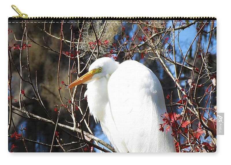 White Zip Pouch featuring the photograph White Egret Bird by Adrian De Leon Art and Photography