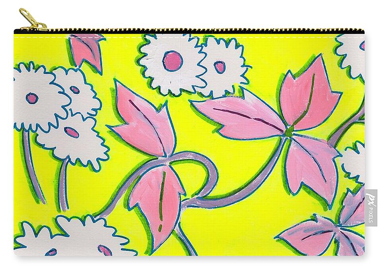 White Flowers Zip Pouch featuring the painting White Flowers on Bright Yellow with light purple leaves pattern by Mike Jory