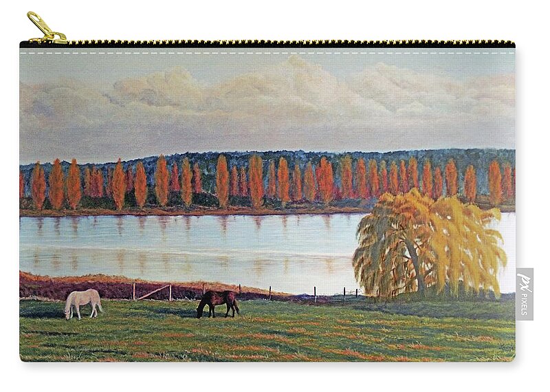 Horse Sunset Zip Pouch featuring the painting White Horse Black Horse by Laurie Stewart