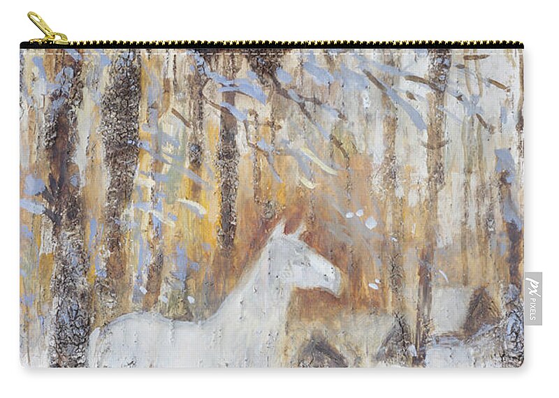 Horse Zip Pouch featuring the painting White Horse in Winter Woods by Ilya Kondrashov