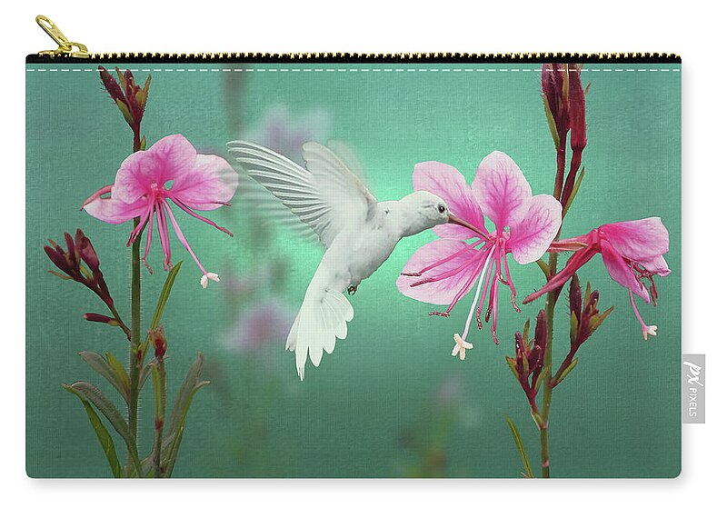 Hummingbird Zip Pouch featuring the digital art White Hummingbird And Pink Guara by M Spadecaller