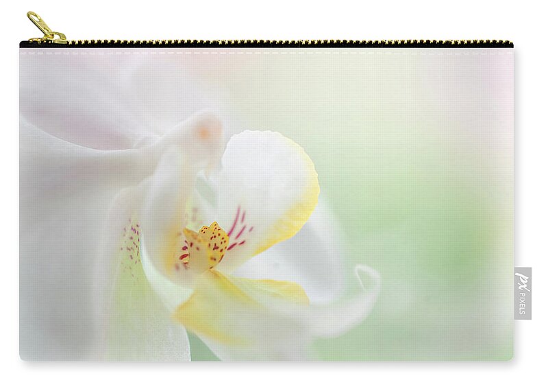 Jenny Rainbow Fine Art Photography Zip Pouch featuring the photograph White Orchid Macro 24. Series Elegance by Jenny Rainbow