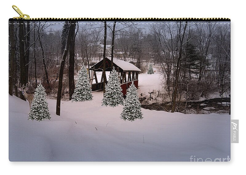 Deer Zip Pouch featuring the photograph White Tailed Buck at Belmont N H Covered Bridge by Mim White