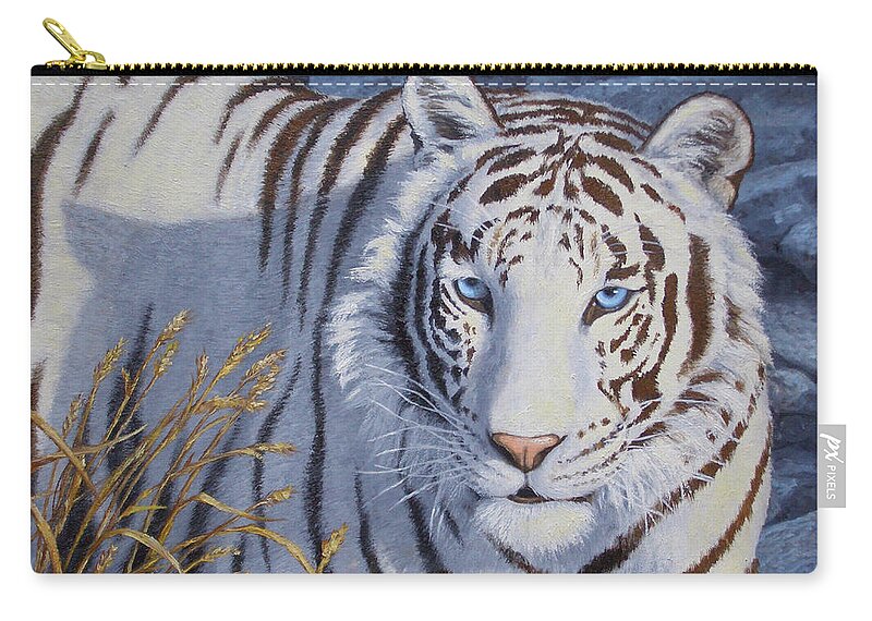 Cat Zip Pouch featuring the painting White Tiger - Crystal Eyes by Crista Forest