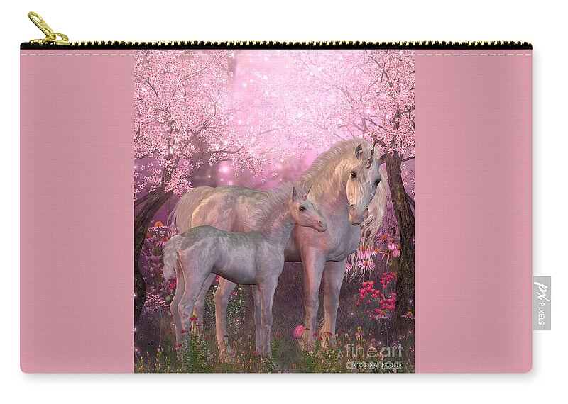 Unicorn Zip Pouch featuring the painting White Unicorn Mare and Foal by Corey Ford