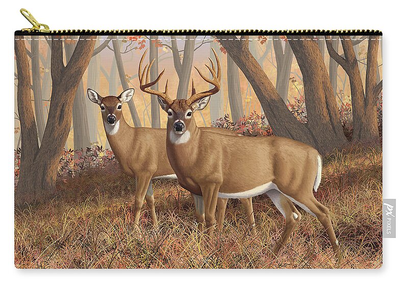 Deers Zip Pouch featuring the painting Whitetail Deer Painting - Fall Flame by Crista Forest
