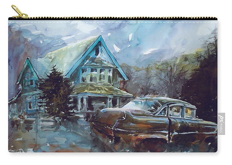 55 Caddy Zip Pouch featuring the painting Why Are We Still Here? by Ron Morrison