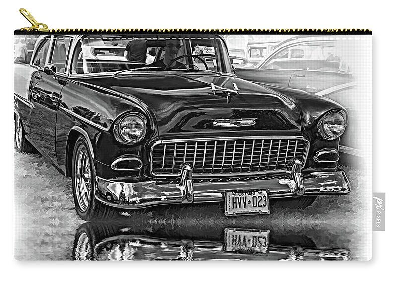 Automotive Zip Pouch featuring the photograph Wicked 1955 Chevy - Reflection bw by Steve Harrington