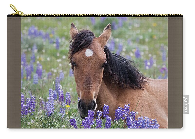 Wild Horse Zip Pouch featuring the photograph Wild Horse Among Lupines by Mark Miller