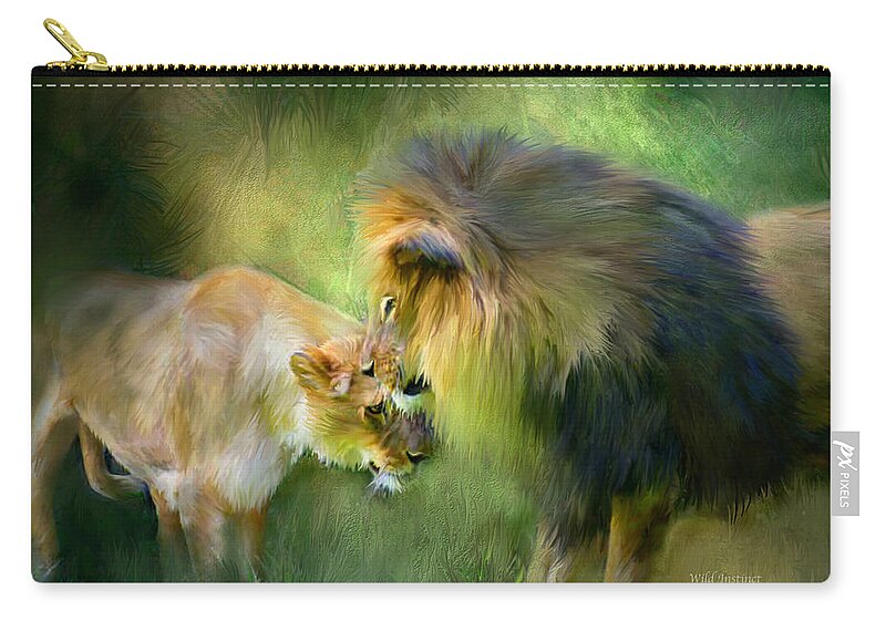 Lion Zip Pouch featuring the mixed media Wild Instinct by Carol Cavalaris