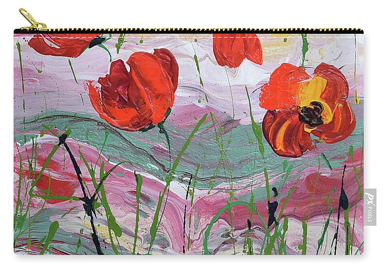 Wild Poppies - Triptych Zip Pouch featuring the painting Wild Poppies - 2 by Jyotika Shroff