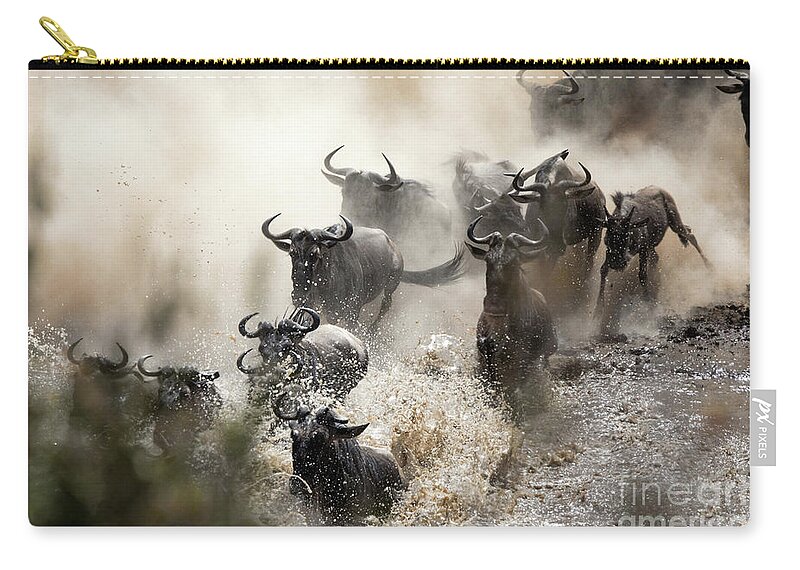 Mara Zip Pouch featuring the photograph Wildebeest herd crossing the Mara River by Jane Rix