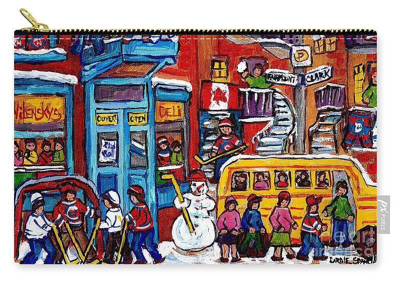 Montreal Zip Pouch featuring the painting Wilensky Winter Wonderland Kids Hockey Fun Canadian Painting Montreal Art City Scene Art C Spandau by Carole Spandau