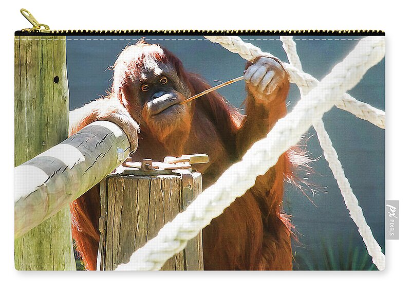 Orangutan Zip Pouch featuring the photograph Willow Enjoyes Honey by Miroslava Jurcik