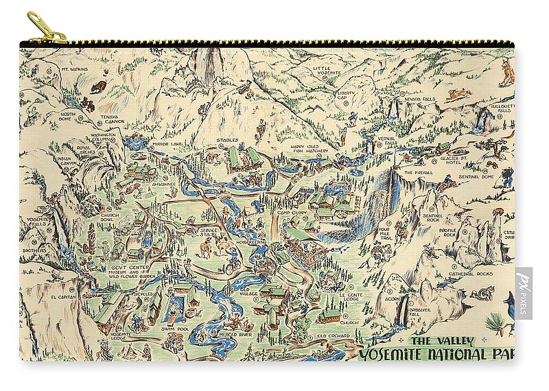 Willy Nilly Map - The Valley -Yosemite National Park - Vintage Illustrated  Map - Cartoon Vignettes Carry-all Pouch by Studio Grafiikka - Fine Art  America