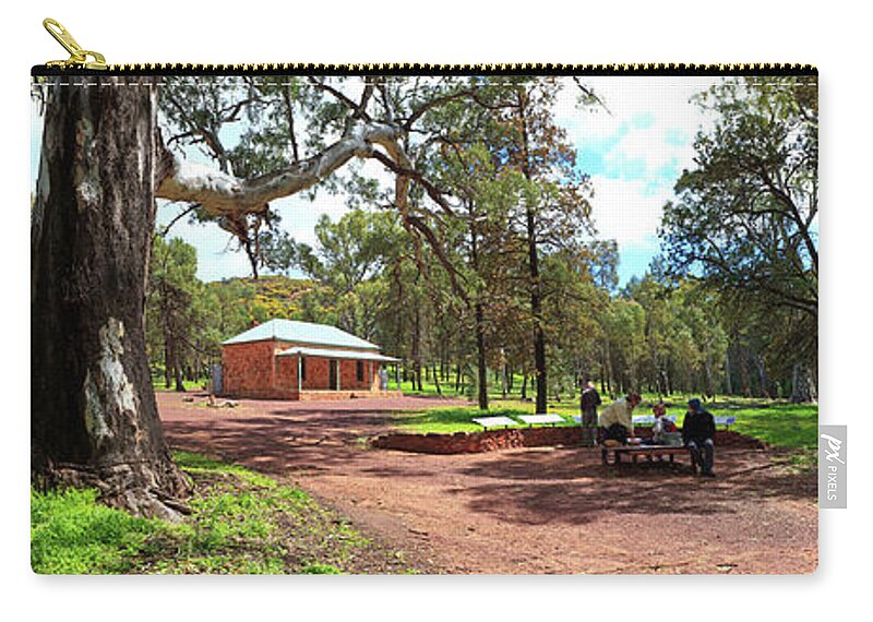 Wilpena Pound Homestead Historical Heritage Flinders Ranges South Australia Australian Landscape Landscapes Pano Panorama Gum Trees Zip Pouch featuring the photograph Wilpena Pound Homestead by Bill Robinson
