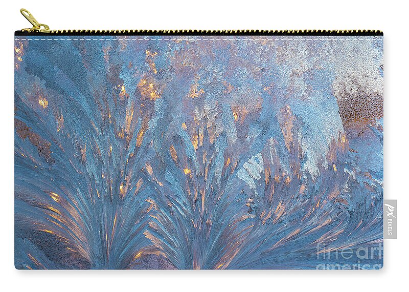 Cheryl Baxter Photography Zip Pouch featuring the photograph Window Frost At Sunset by Cheryl Baxter