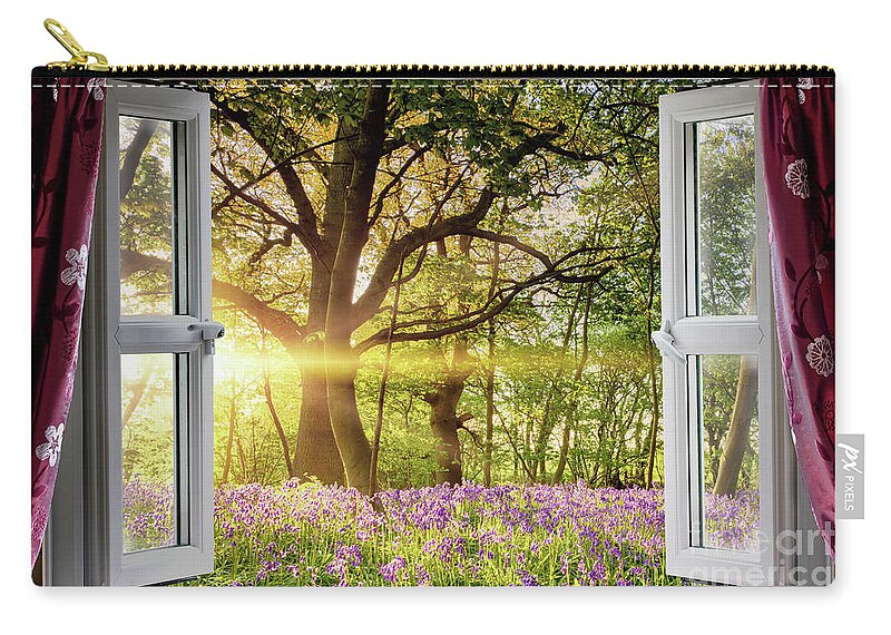 Window Zip Pouch featuring the photograph Window open onto bluebell forest sunrise by Simon Bratt