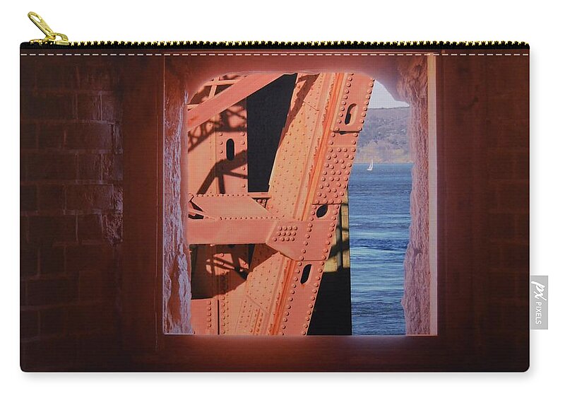 Window To The Bridge Zip Pouch featuring the photograph Window To The Bridge by Warren Thompson