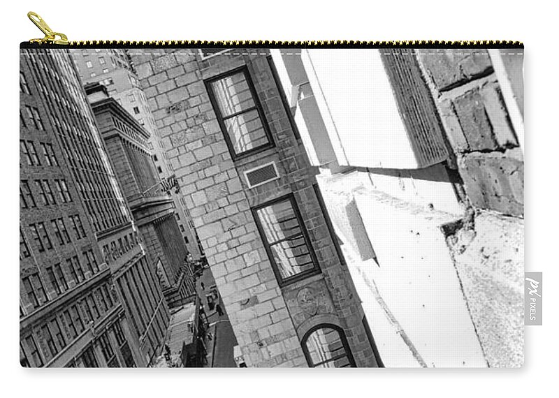Black And White Photo Manhattan Zip Pouch featuring the photograph Windows on Wall Street  NYC by Joan Reese