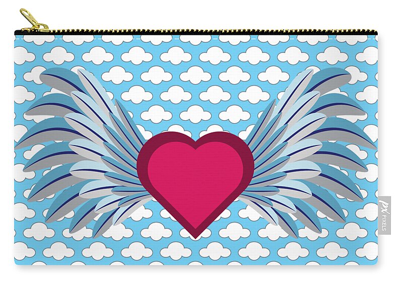Heart Zip Pouch featuring the digital art Winged Heart in a Cloudy Blue Sky by MM Anderson