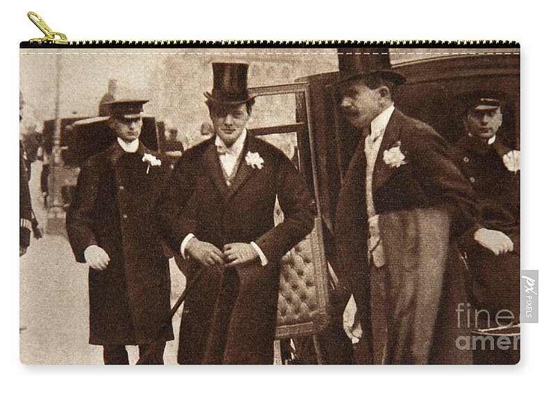 Winston Churchill Zip Pouch featuring the photograph Winston Churchill arriving at the doors of St Margaret's, Westminster on his Wedding Day, 1908 by English School