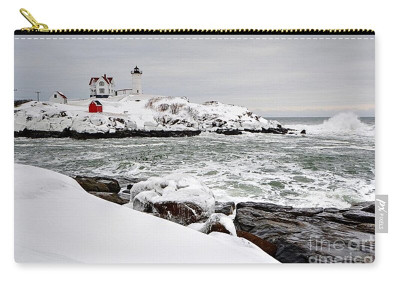 Nubble Lighthouse Zip Pouch featuring the photograph Winter at the Nubble by Steve Brown