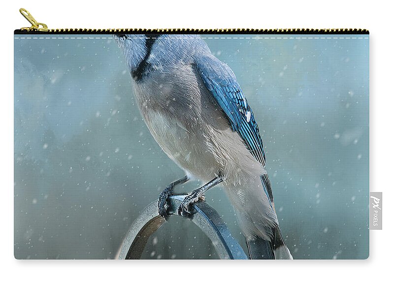 Blue Jay Carry-all Pouch featuring the photograph Winter Blue Jay Square by Cathy Kovarik
