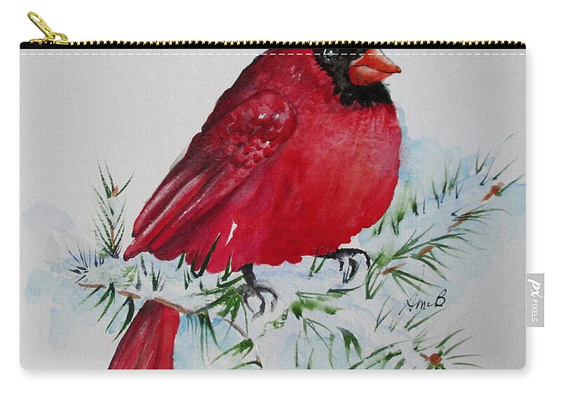 Watercolor Zip Pouch featuring the painting Winter Cardinal by April McCarthy-Braca
